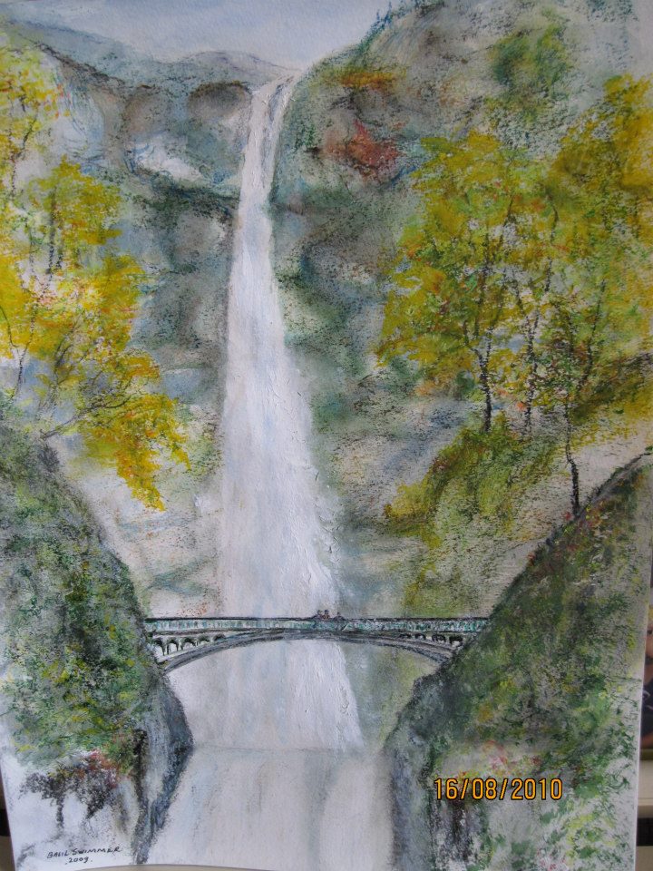 a painting of a waterfall in the woods