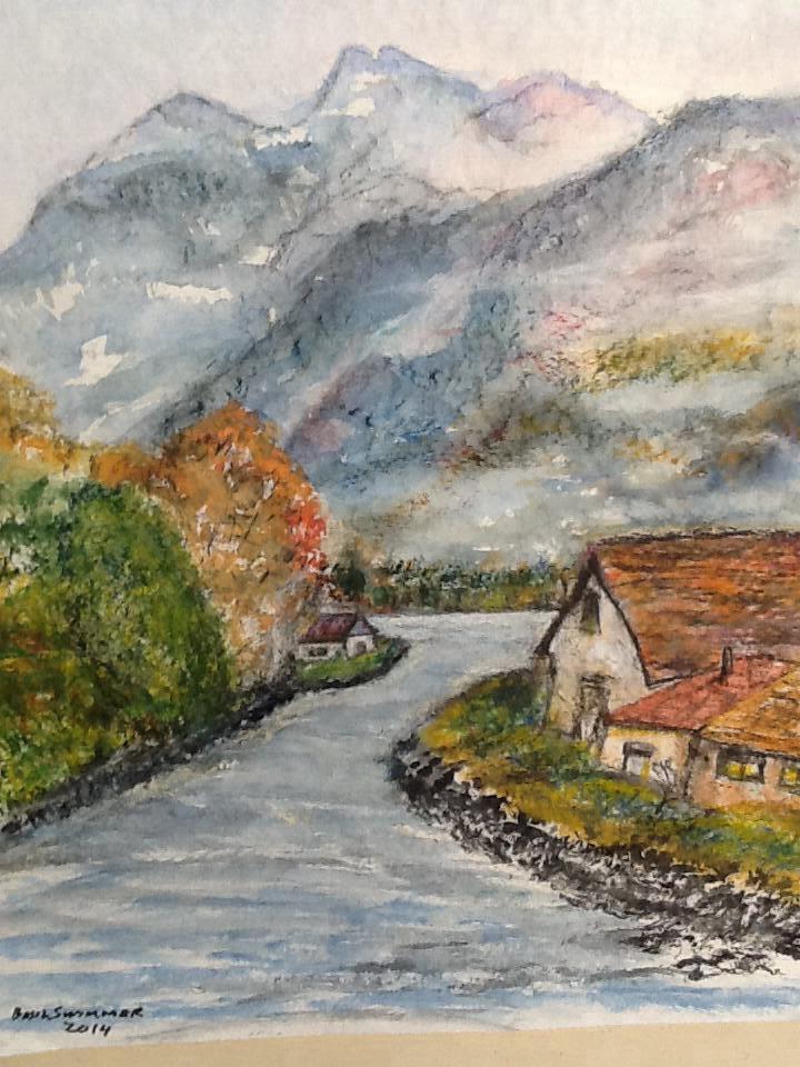 a painting of a river in the mountains