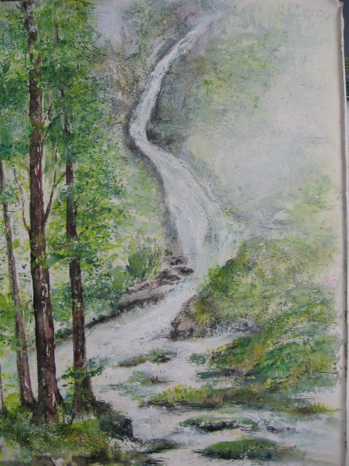 a painting of a waterfall in the woods