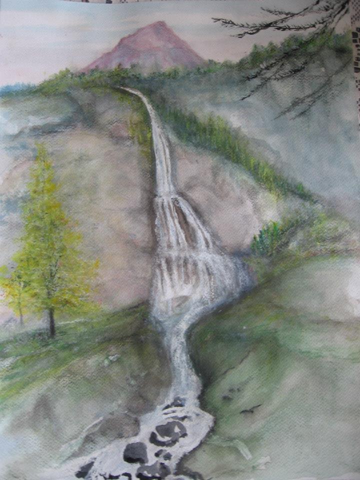 a painting of a waterfall in the mountains