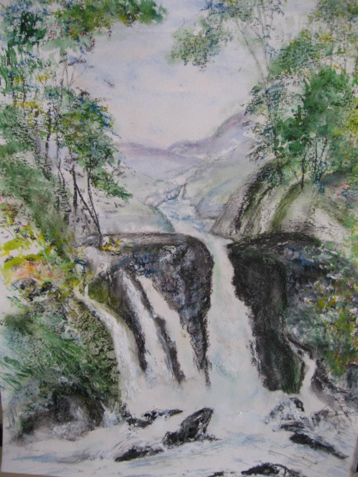 a painting of a waterfall in the woods
