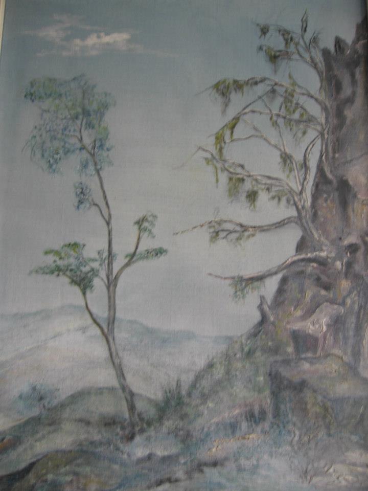 a painting of a tree in a landscape
