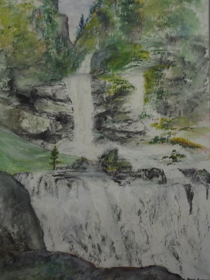 a painting of a waterfall in the woods