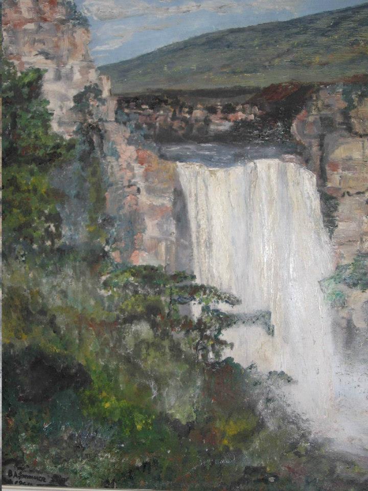 a painting of a waterfall in the middle of a forest