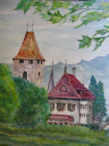 a painting of a castle in the mountains