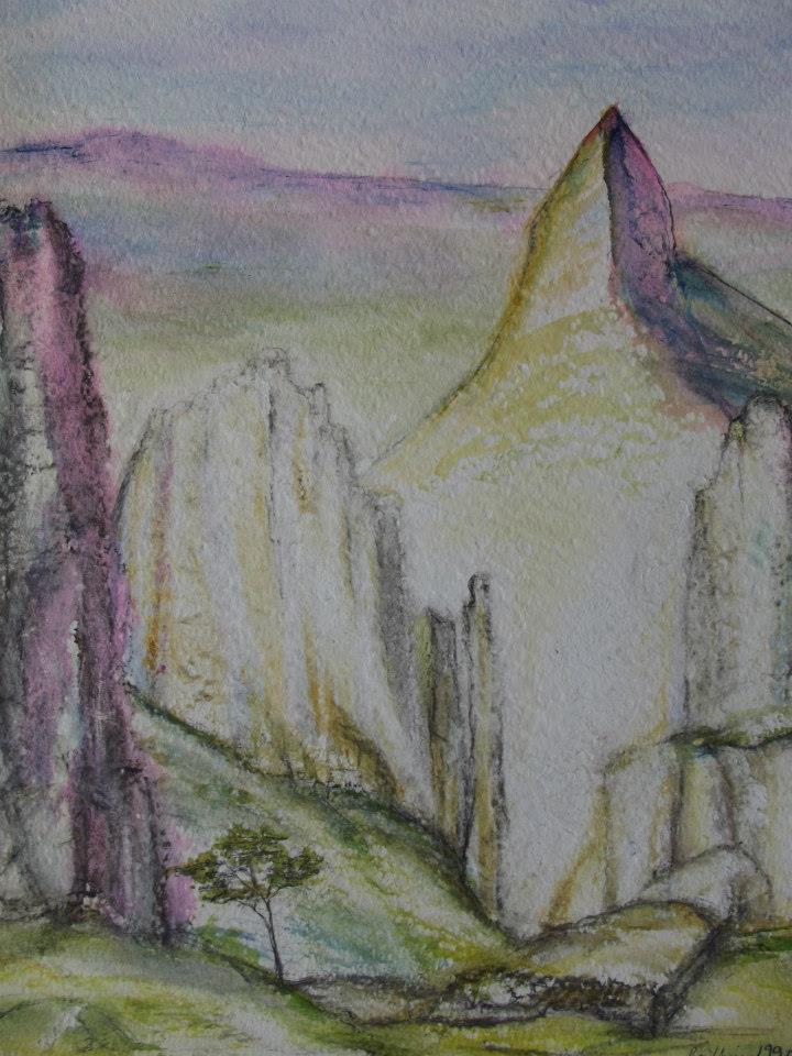 a painting of a mountain with a small house in the middle