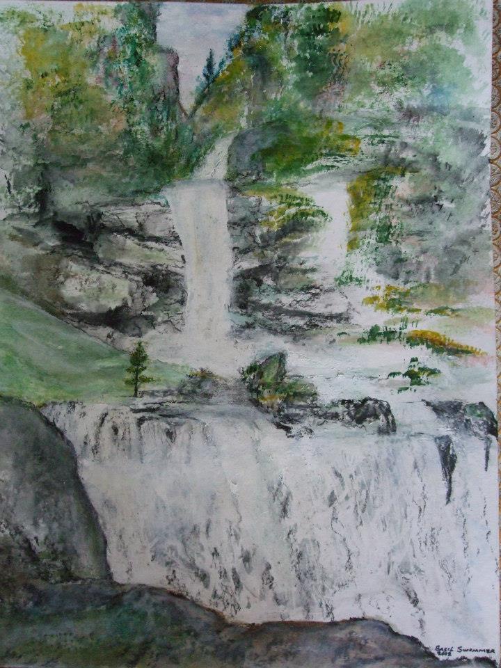 a painting of a waterfall