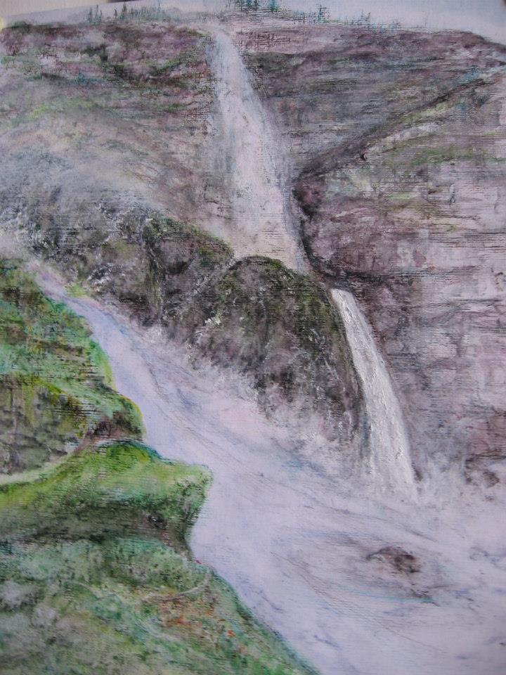 a painting of a waterfall in the mountains