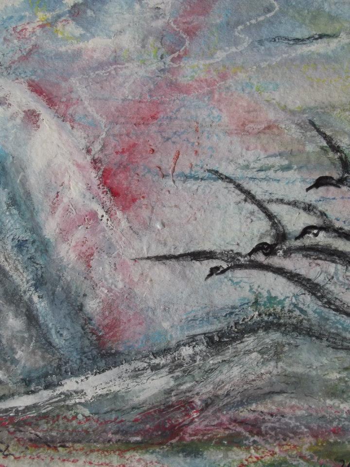 a painting of a bird flying over a mountain