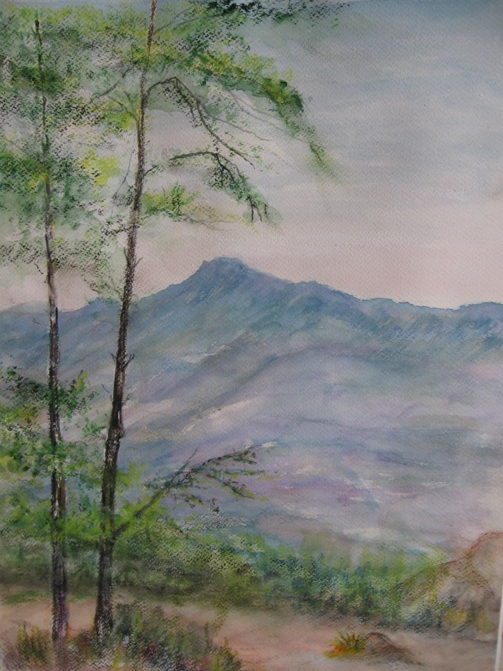 a painting of a mountain scene with a tree