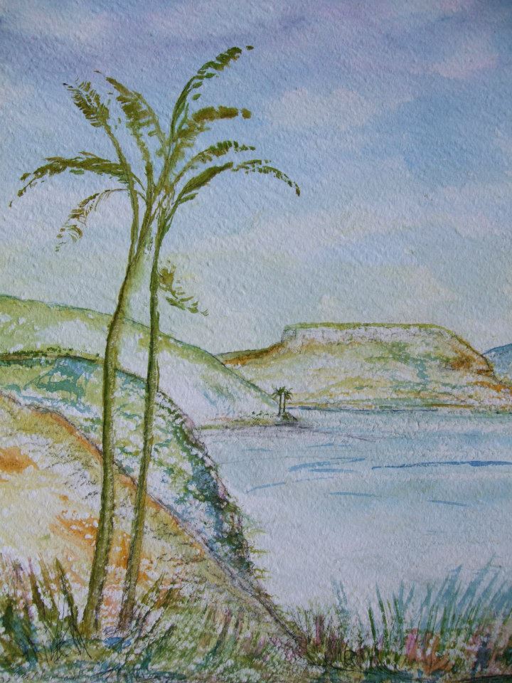 a painting of a tree by the water