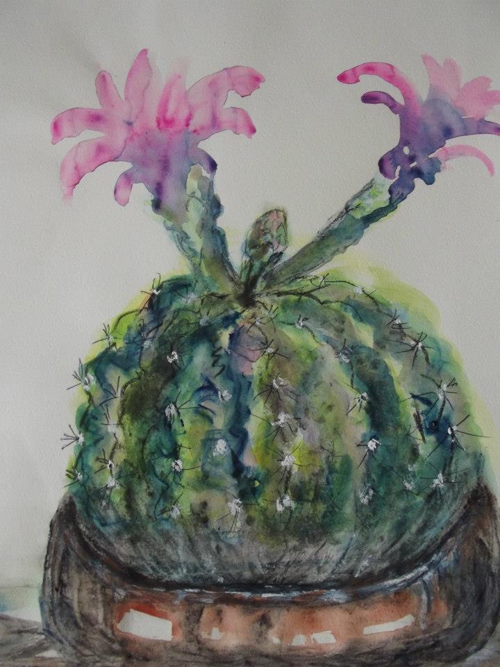 a painting of a cactus with flowers in it