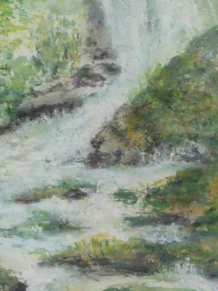 a painting of a waterfall in the woods