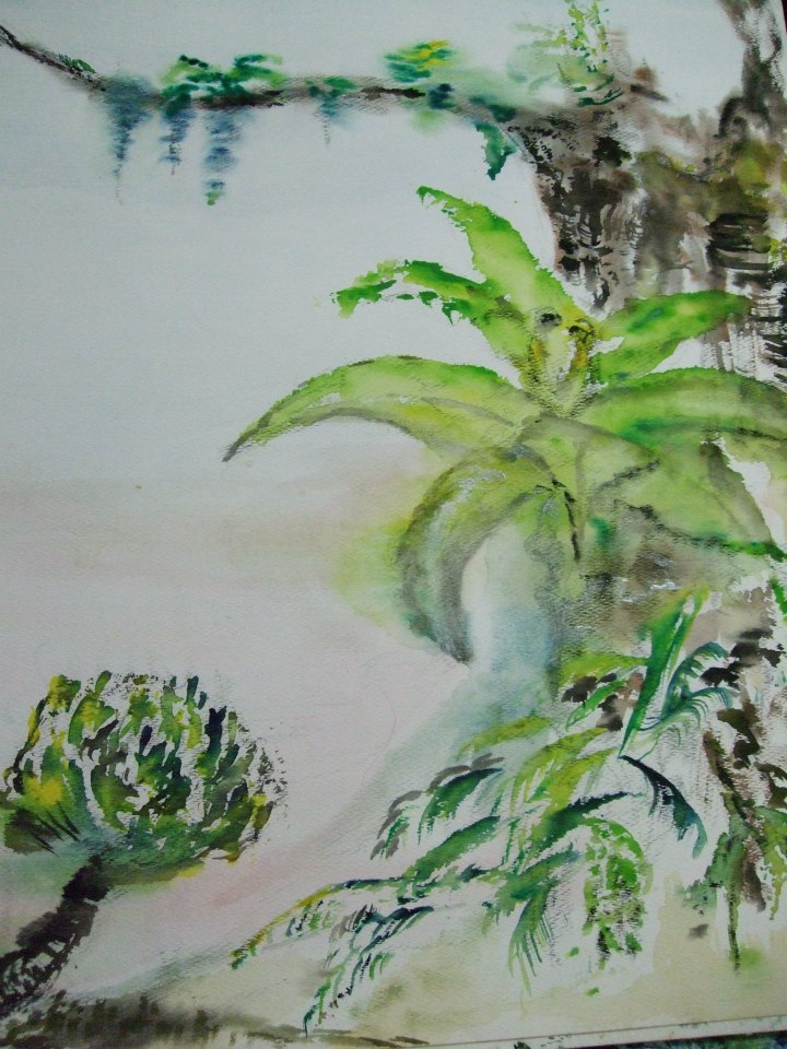 a painting of a tree with green leaves