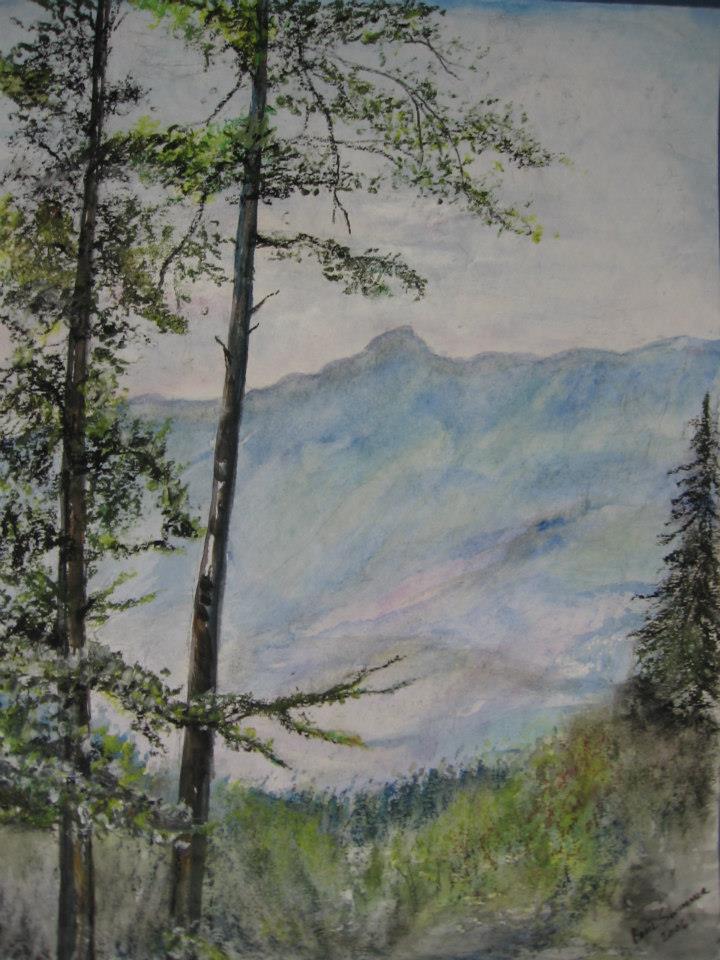 a painting of trees in the mountains