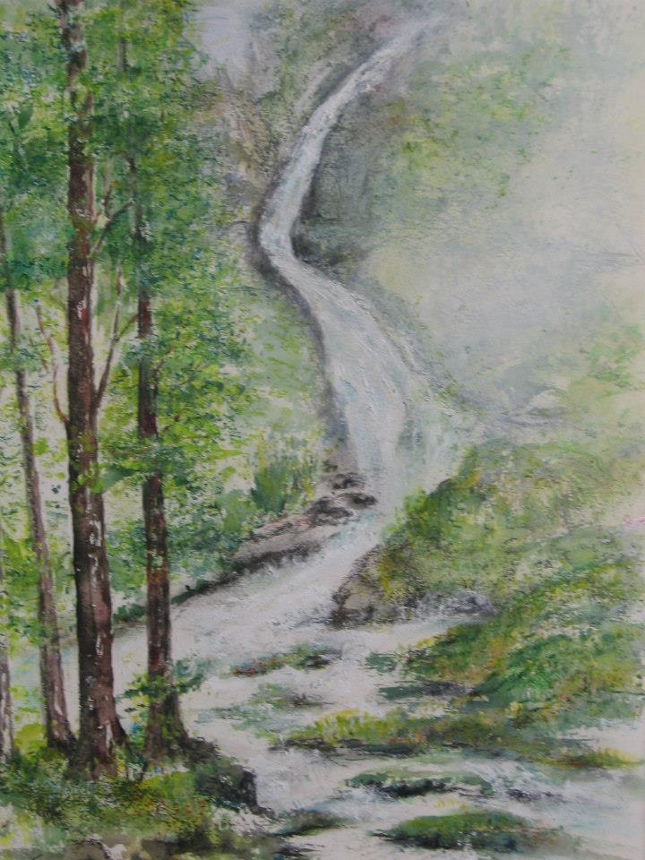 a painting of a stream in the woods