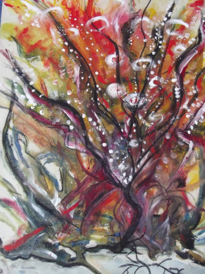 a painting of a tree with red leaves