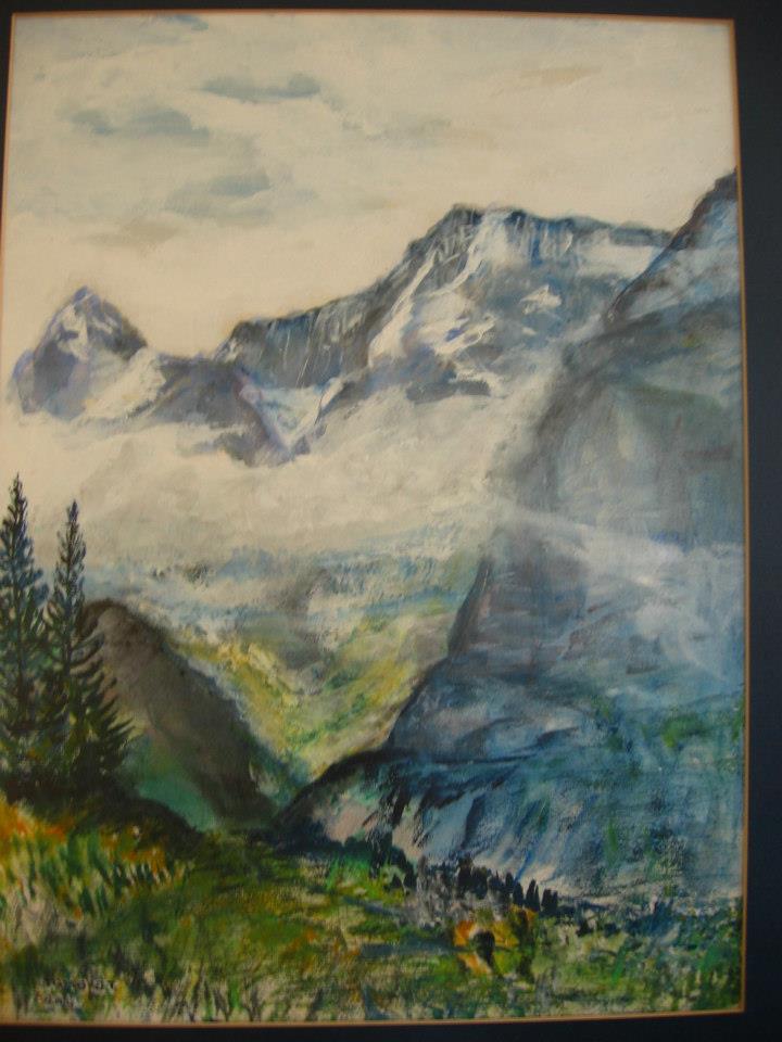 a painting of mountains and trees