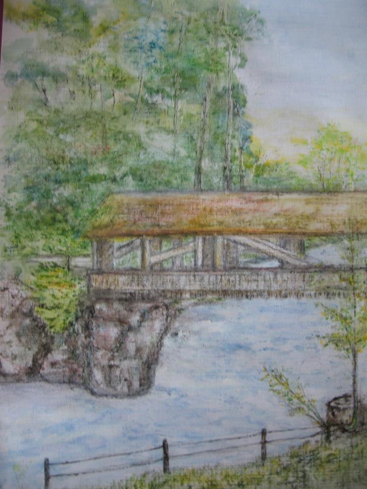 a painting of a bridge over a river
