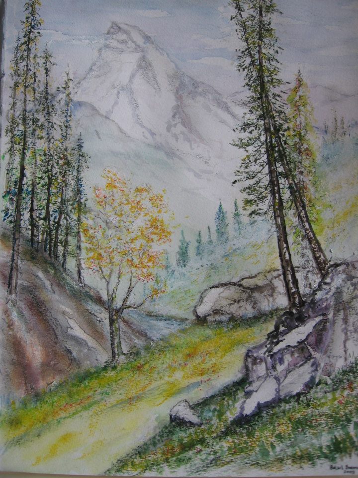 a painting of a mountain scene