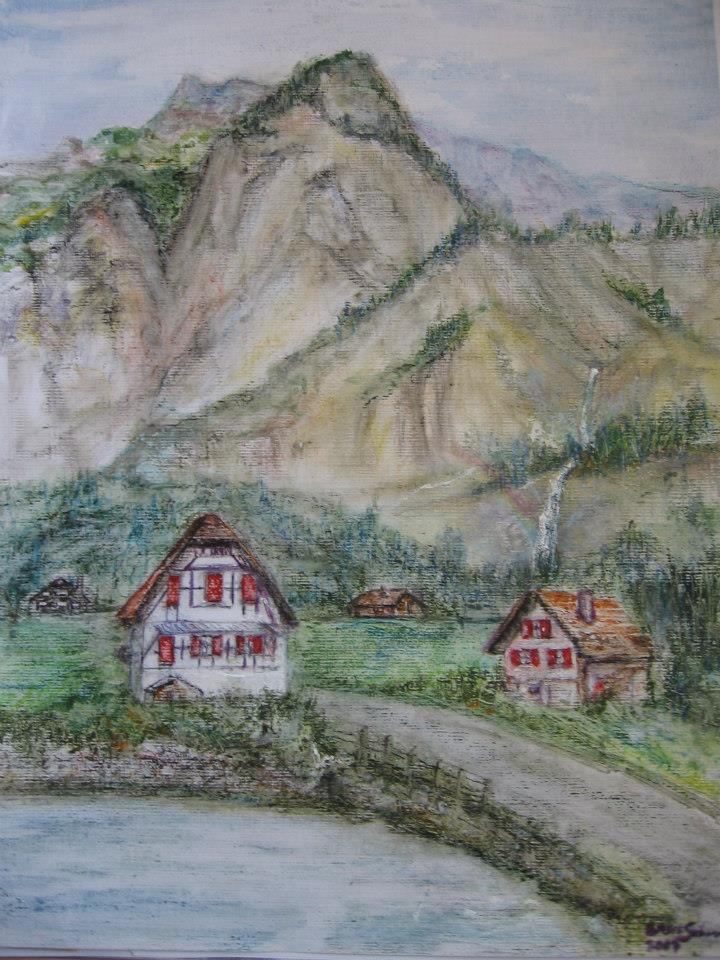 a painting of houses in the mountains