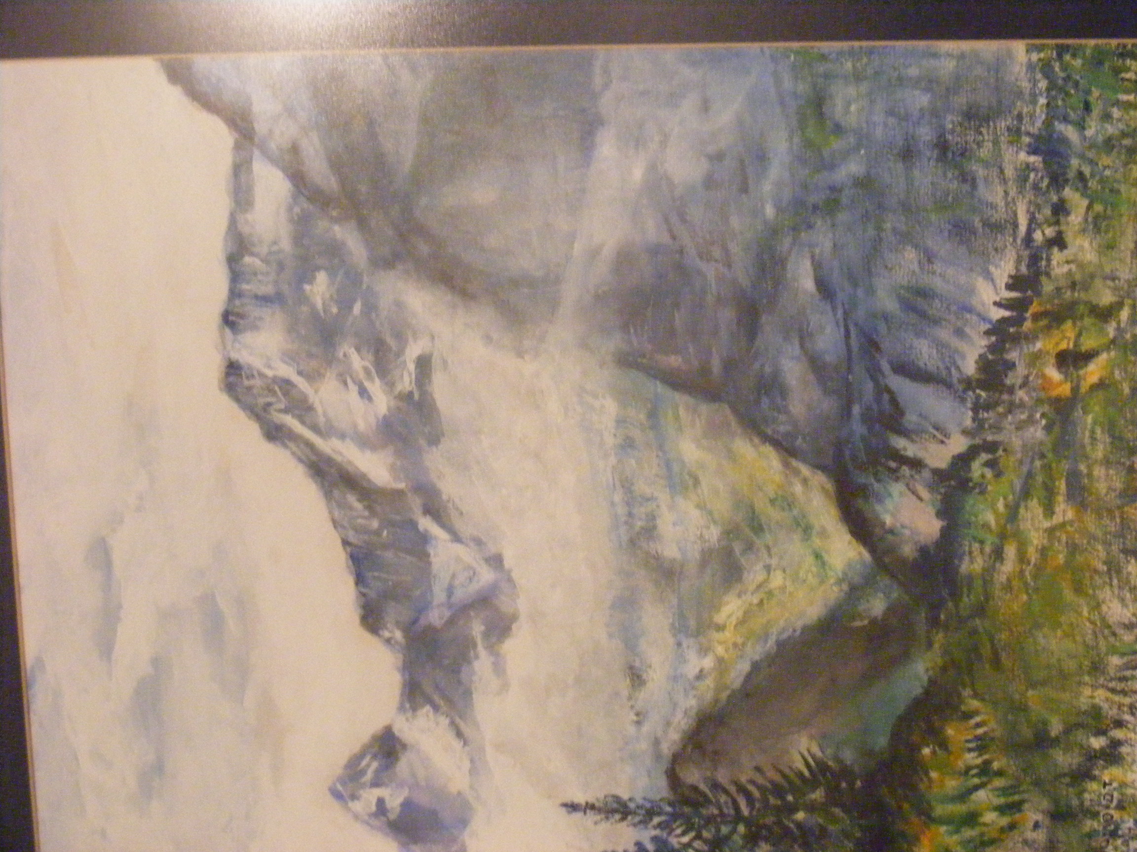a painting of a mountain scene with a waterfall