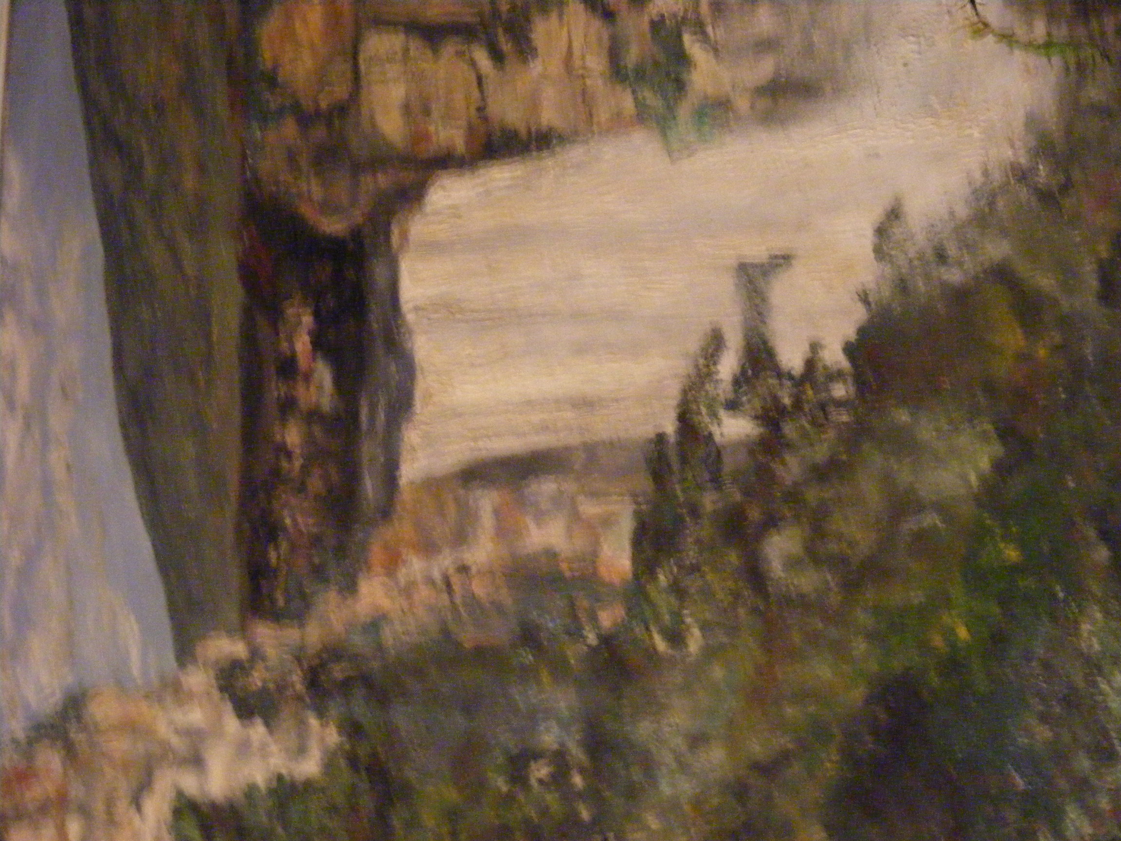 a painting of a river with trees and buildings