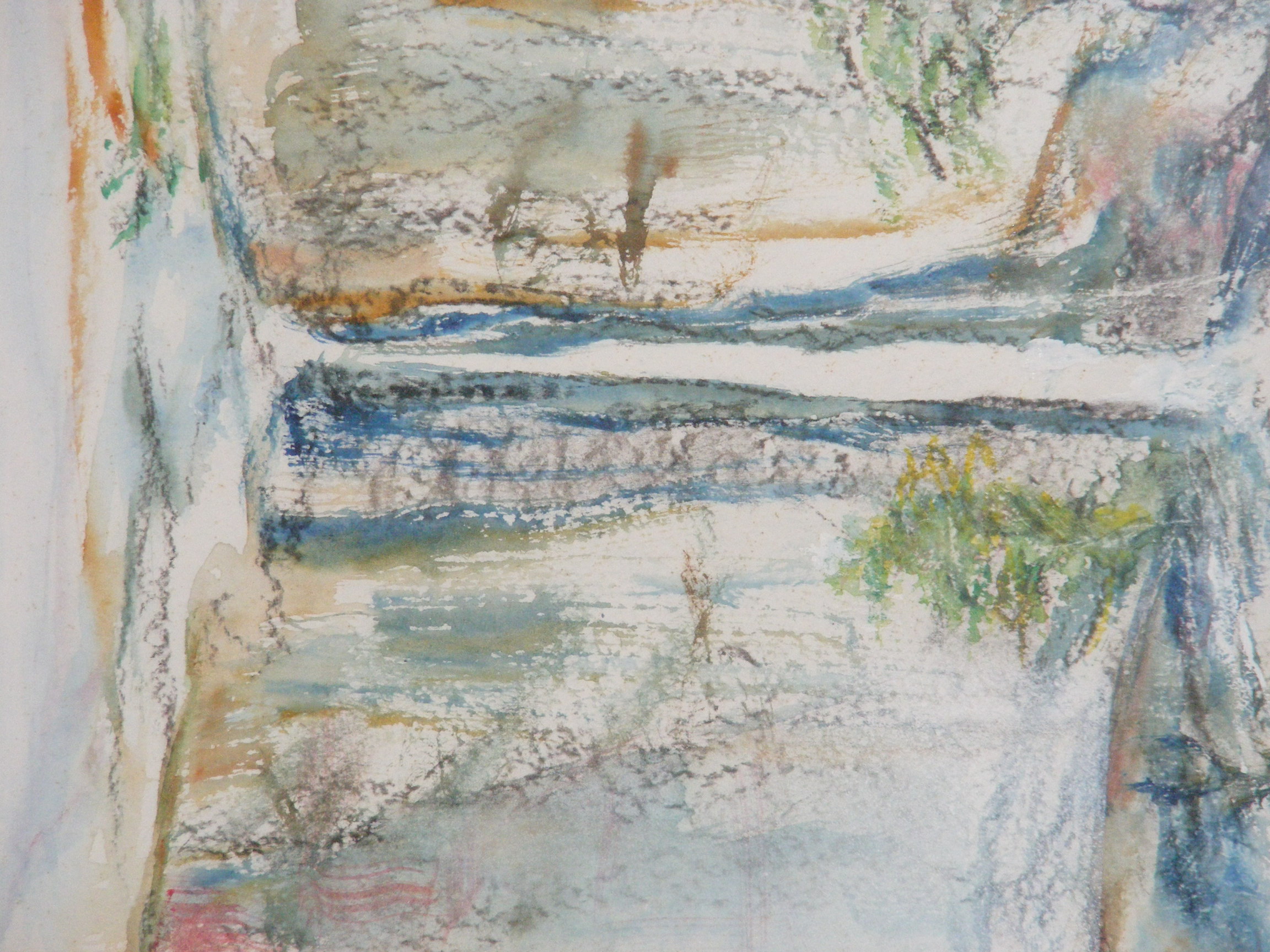 a painting of a building with a tree in the middle