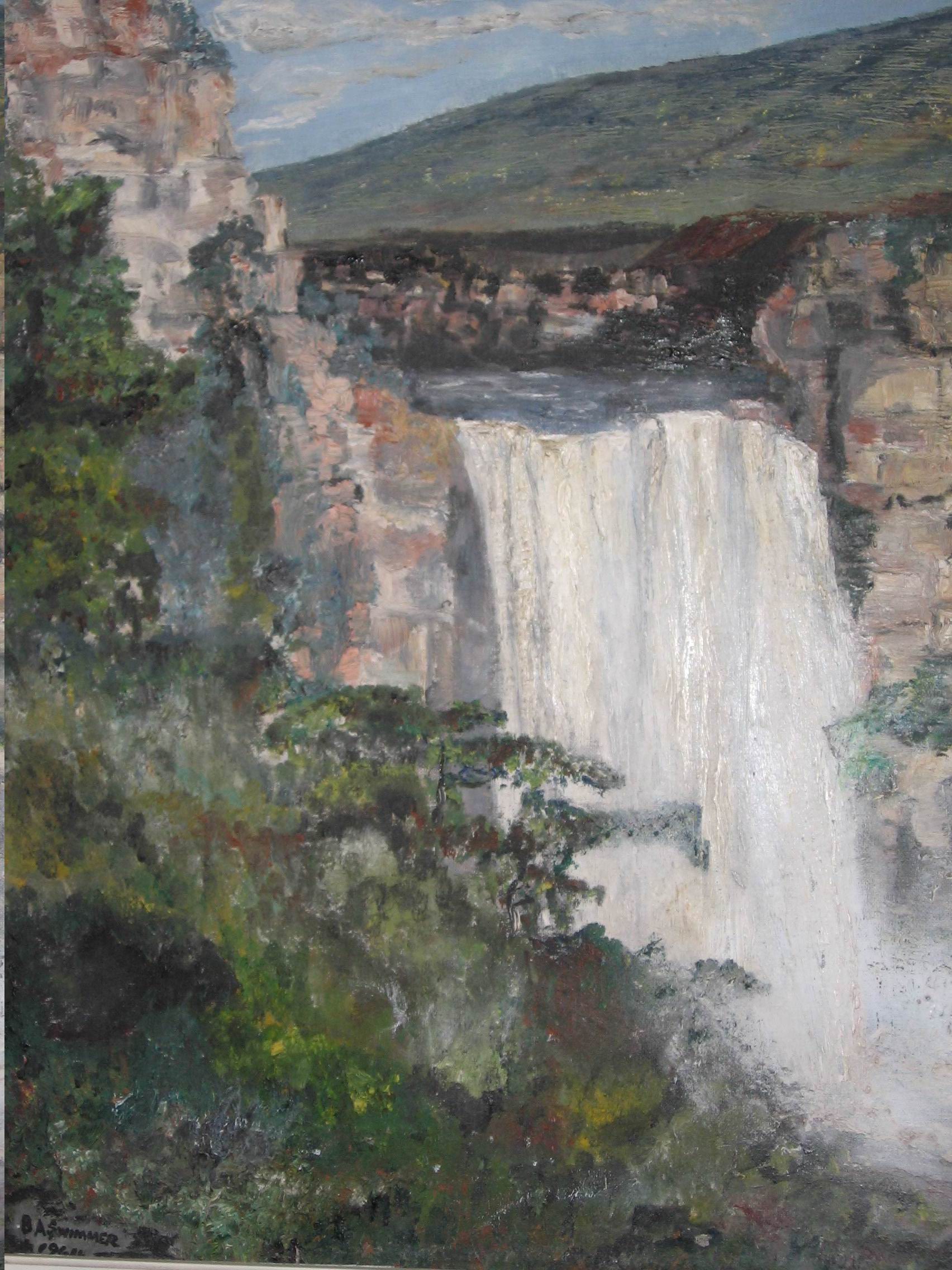 a painting of a waterfall in the middle of a forest
