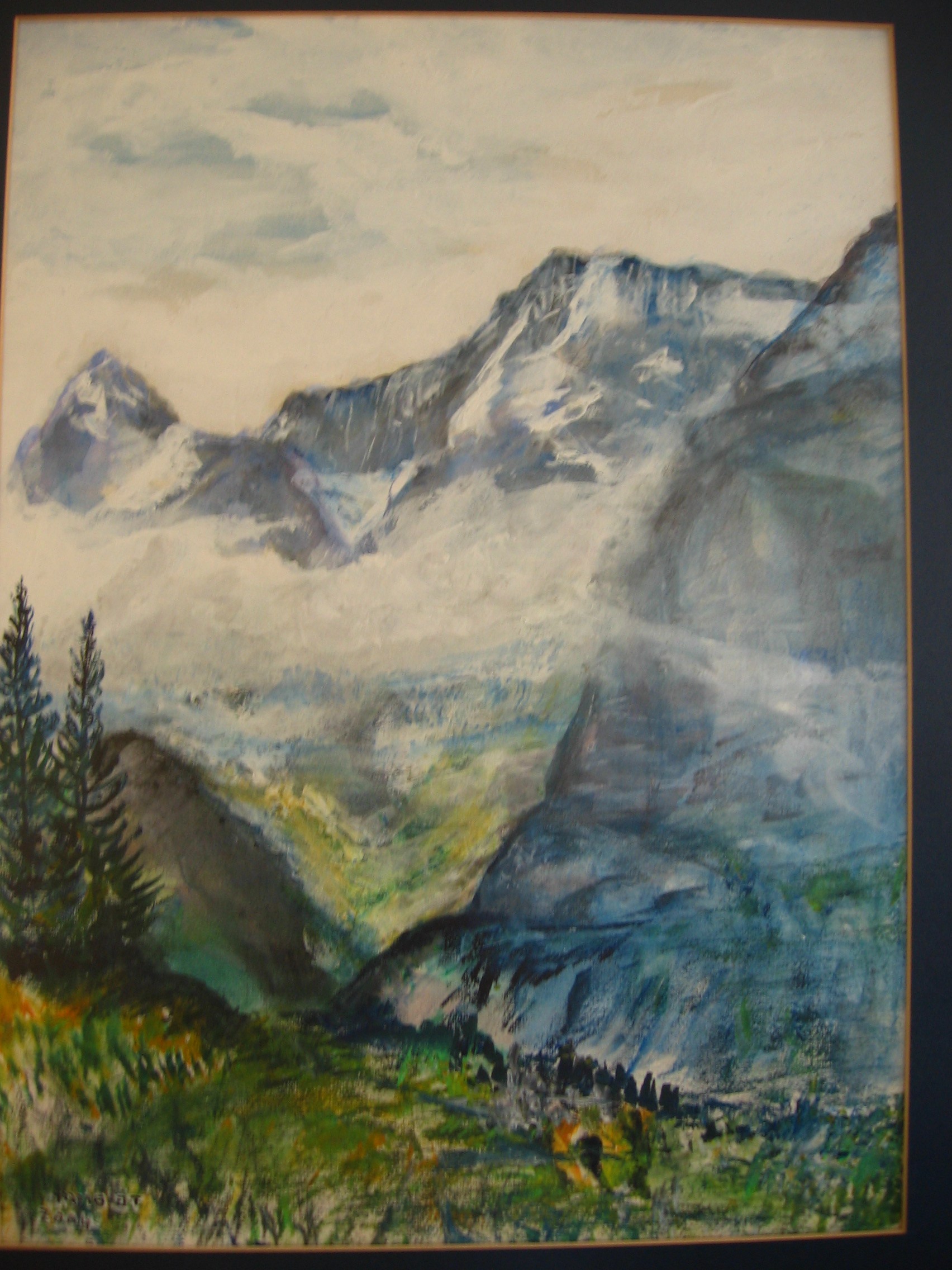 a painting of mountains and trees in a frame