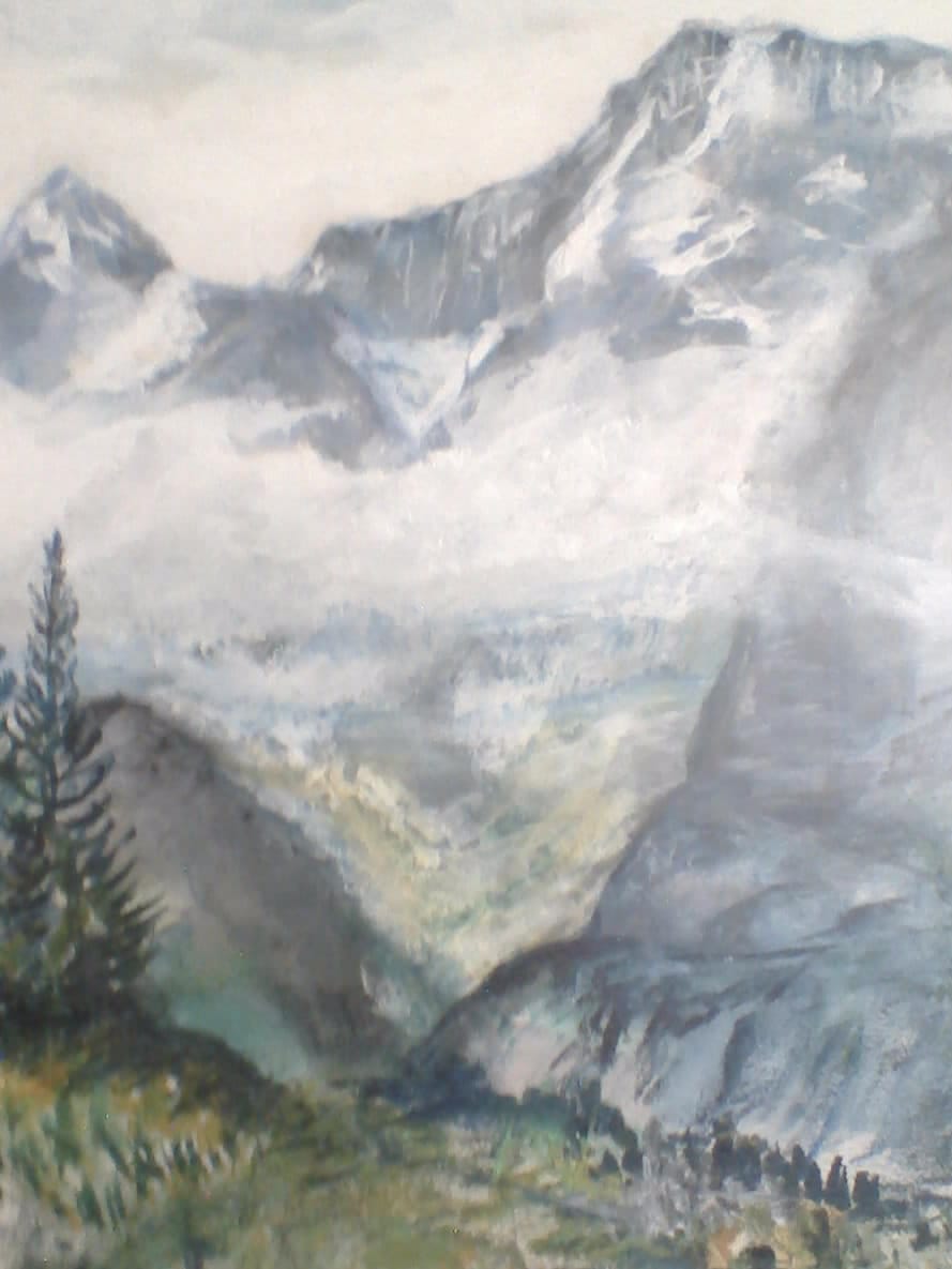 a painting of mountains and trees in the distance