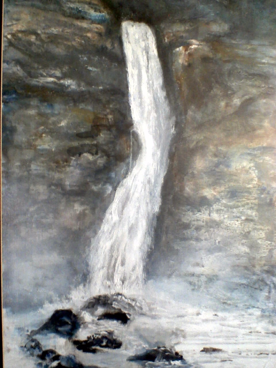 a painting of a waterfall in the middle of a river