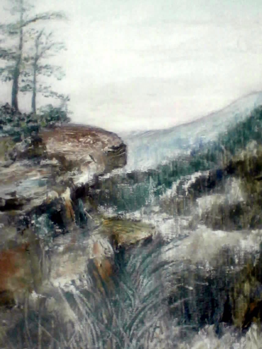 a painting of a mountain scene with trees