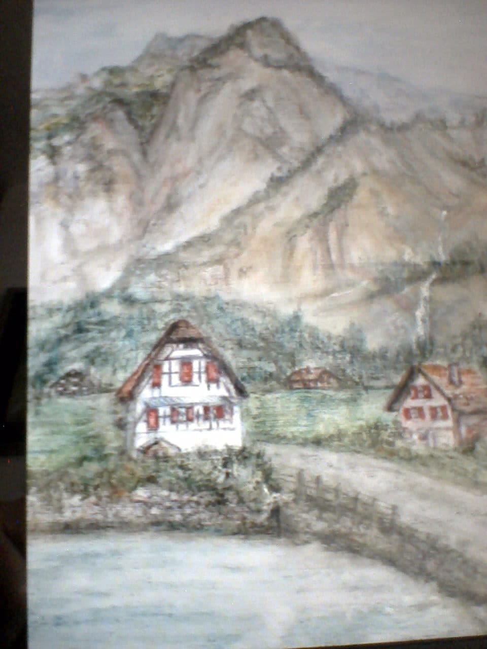 a painting of a mountain scene with houses