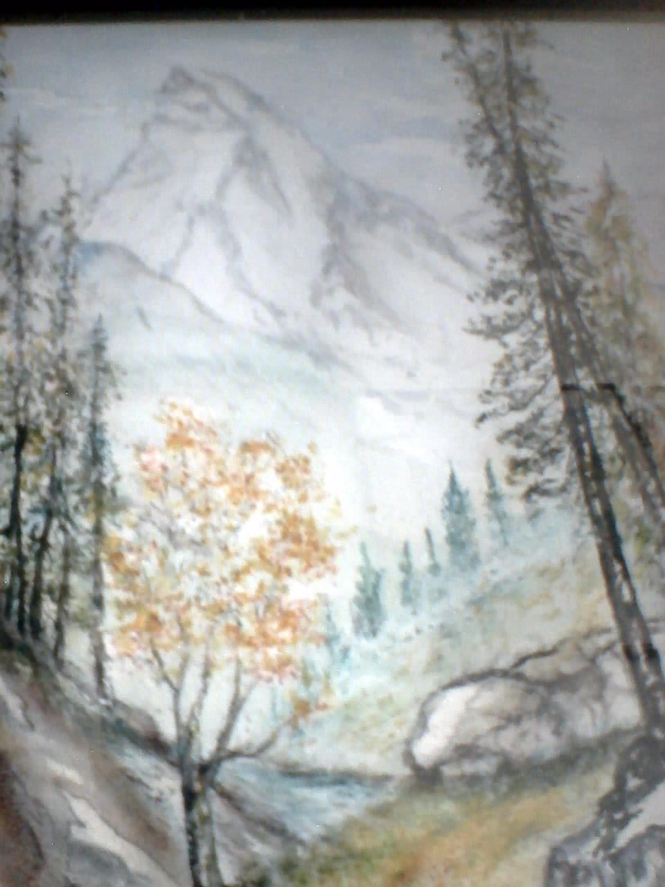 a painting of a mountain scene with trees