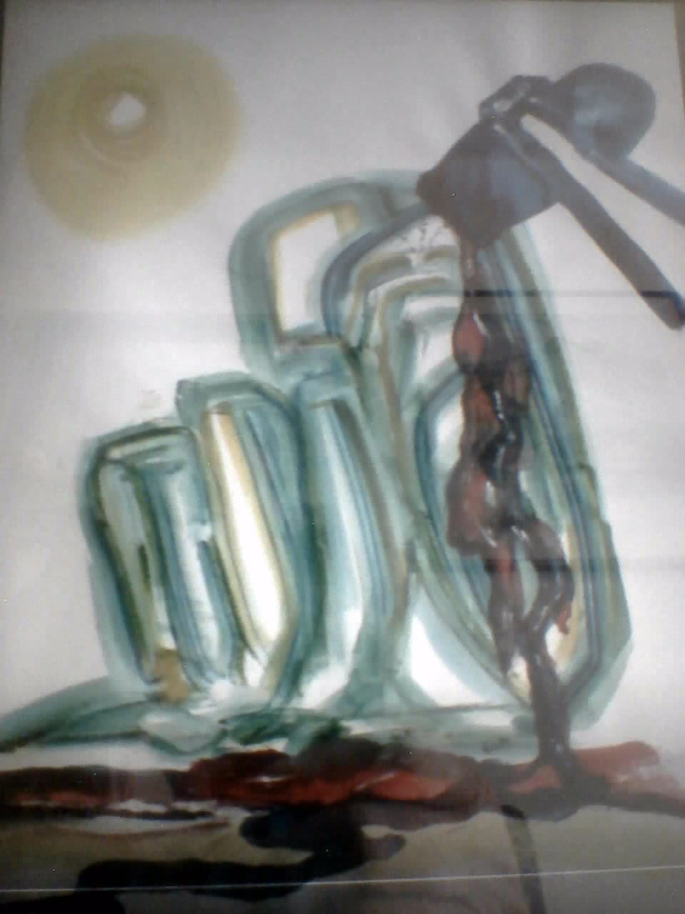 a painting of a bottle and a knife