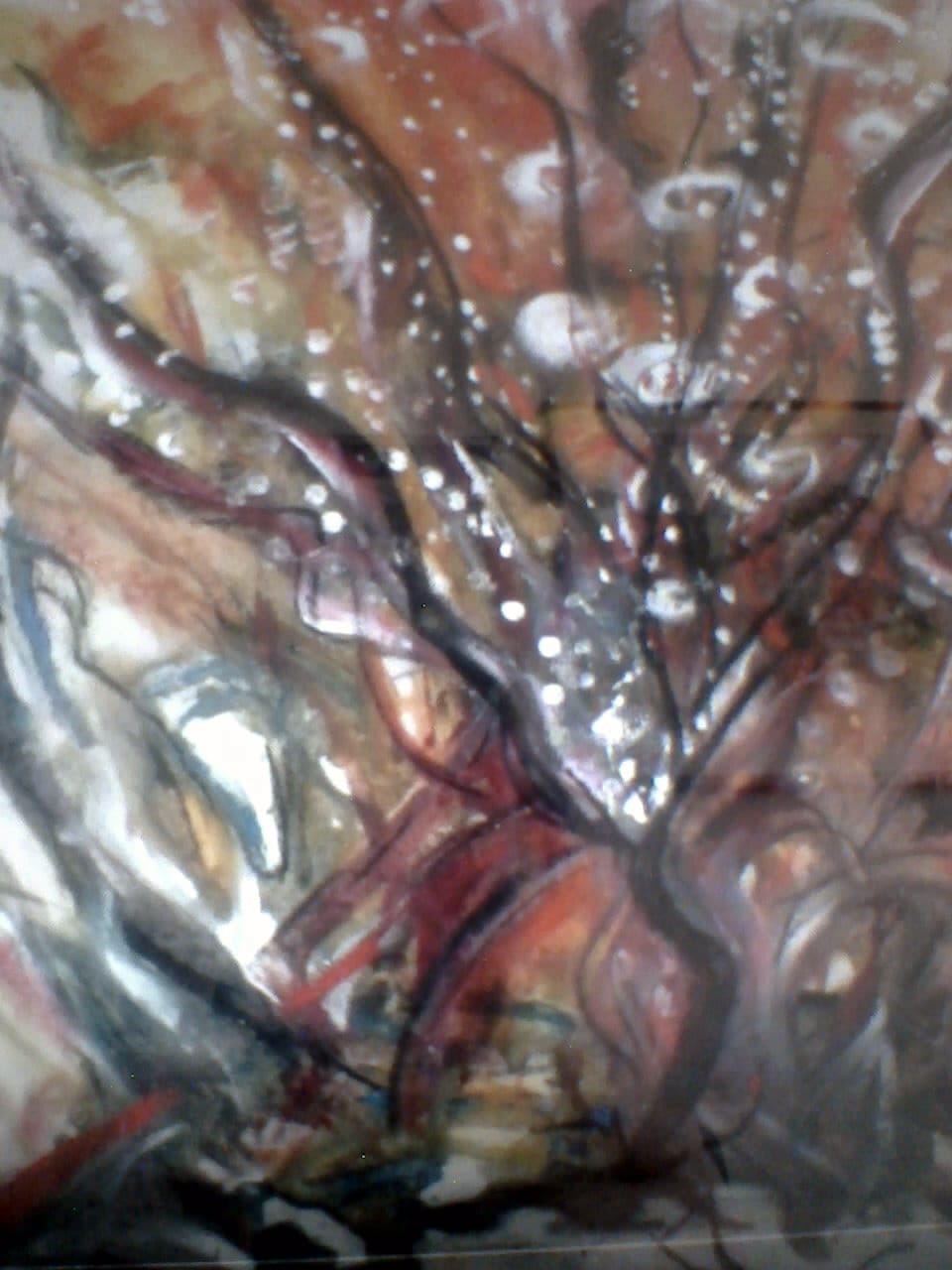 a painting of a tree with water droplets