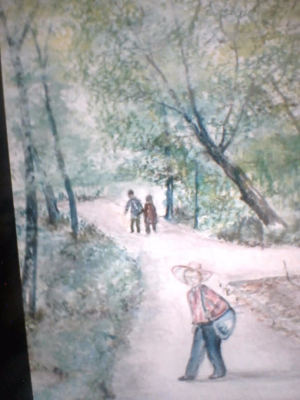 a painting of a man and a woman walking down a path