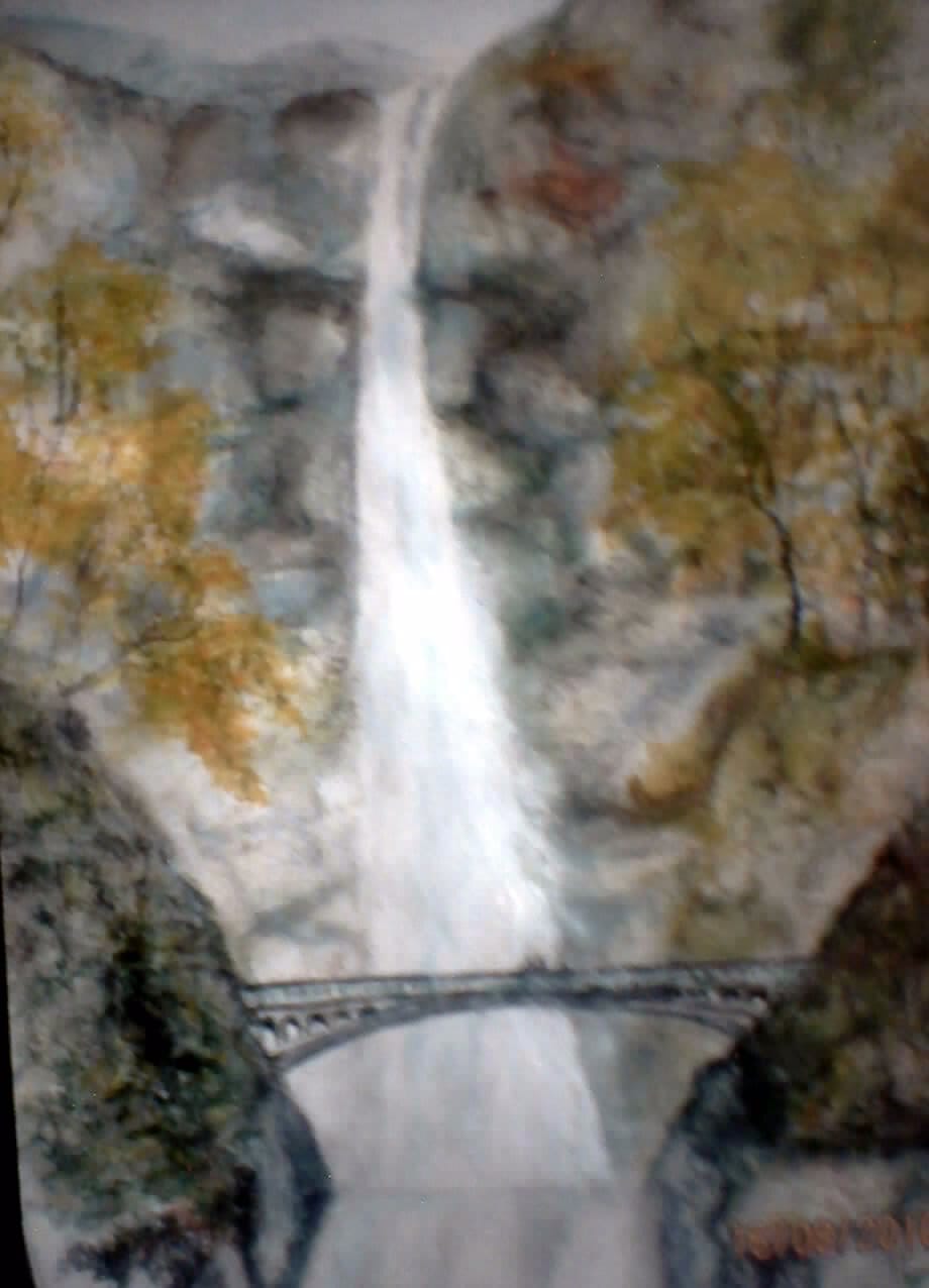 a painting of a waterfall and a bridge