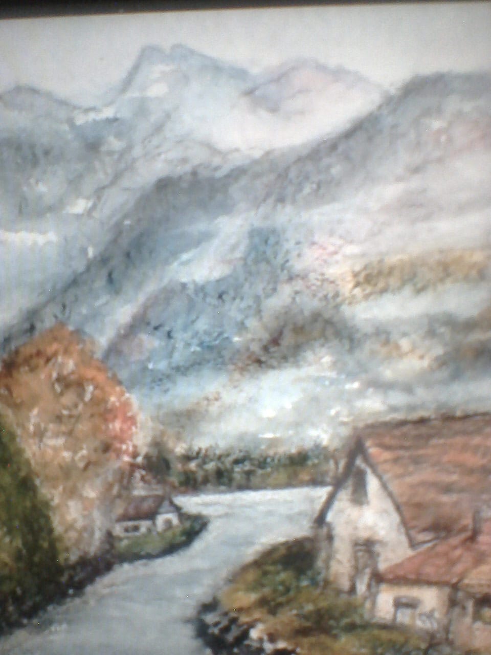 a painting of a river and houses