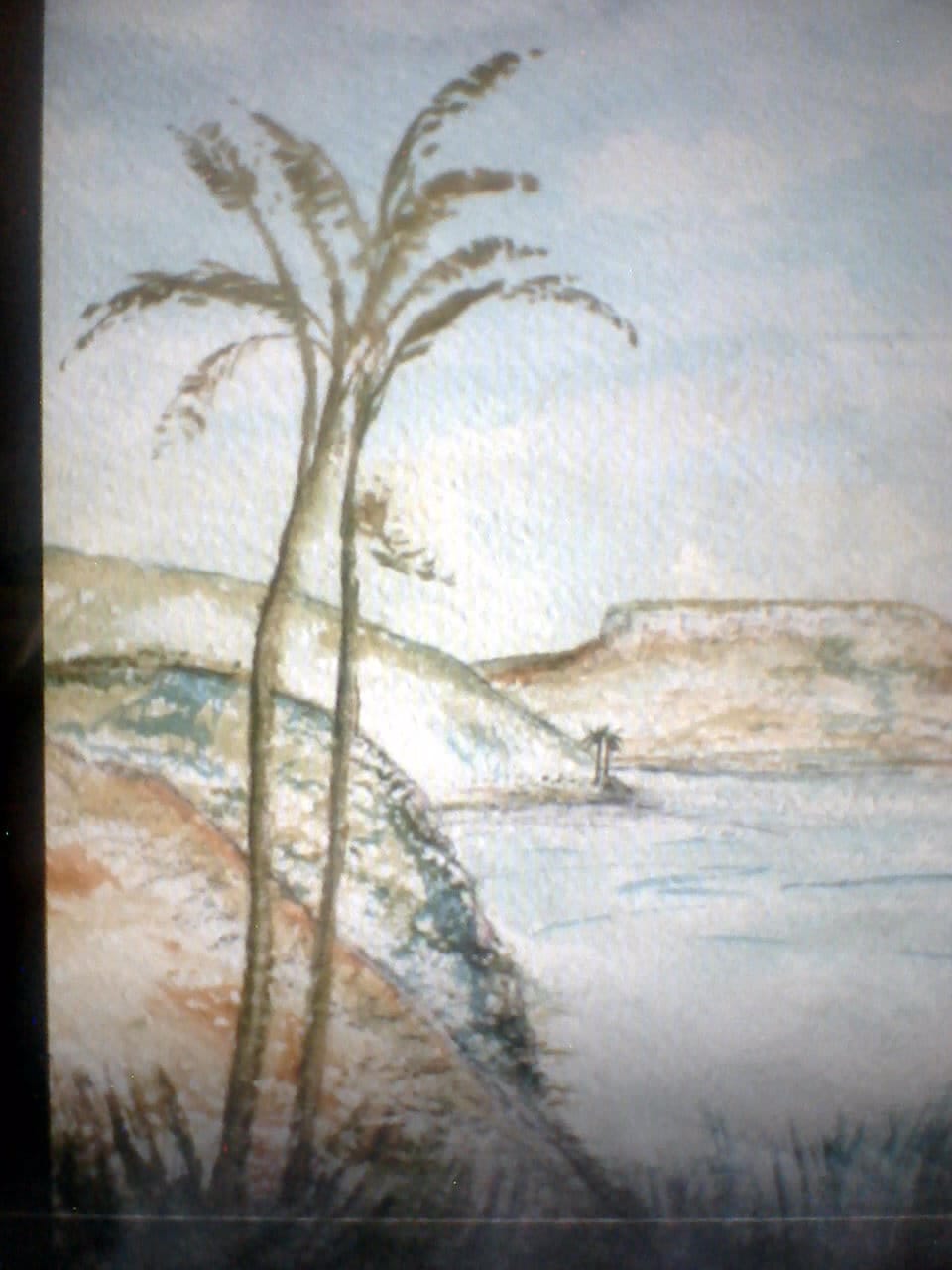 a painting of a palm tree on a beach