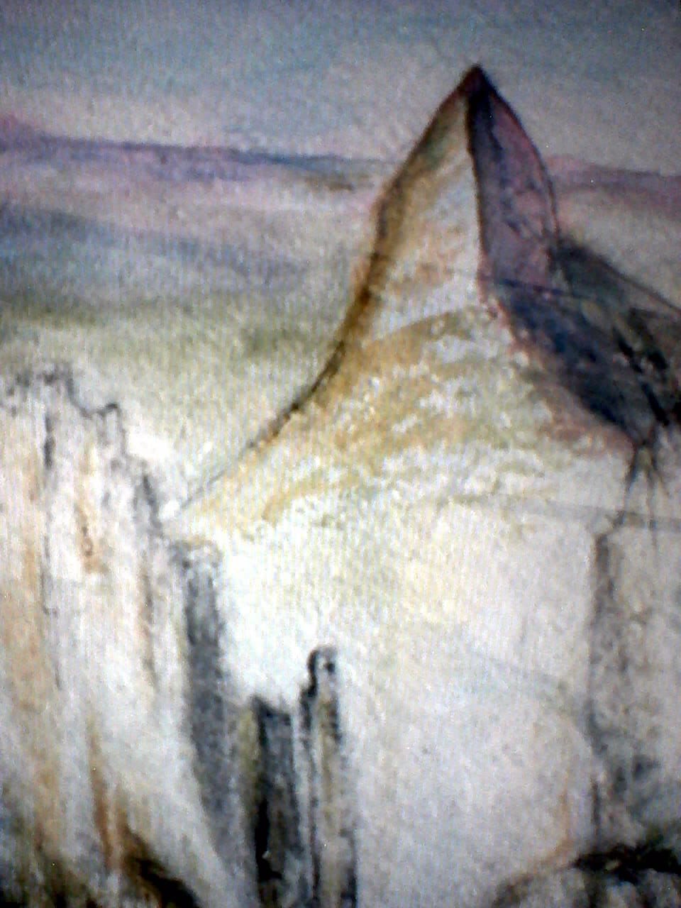 a painting of a mountain with a sky background