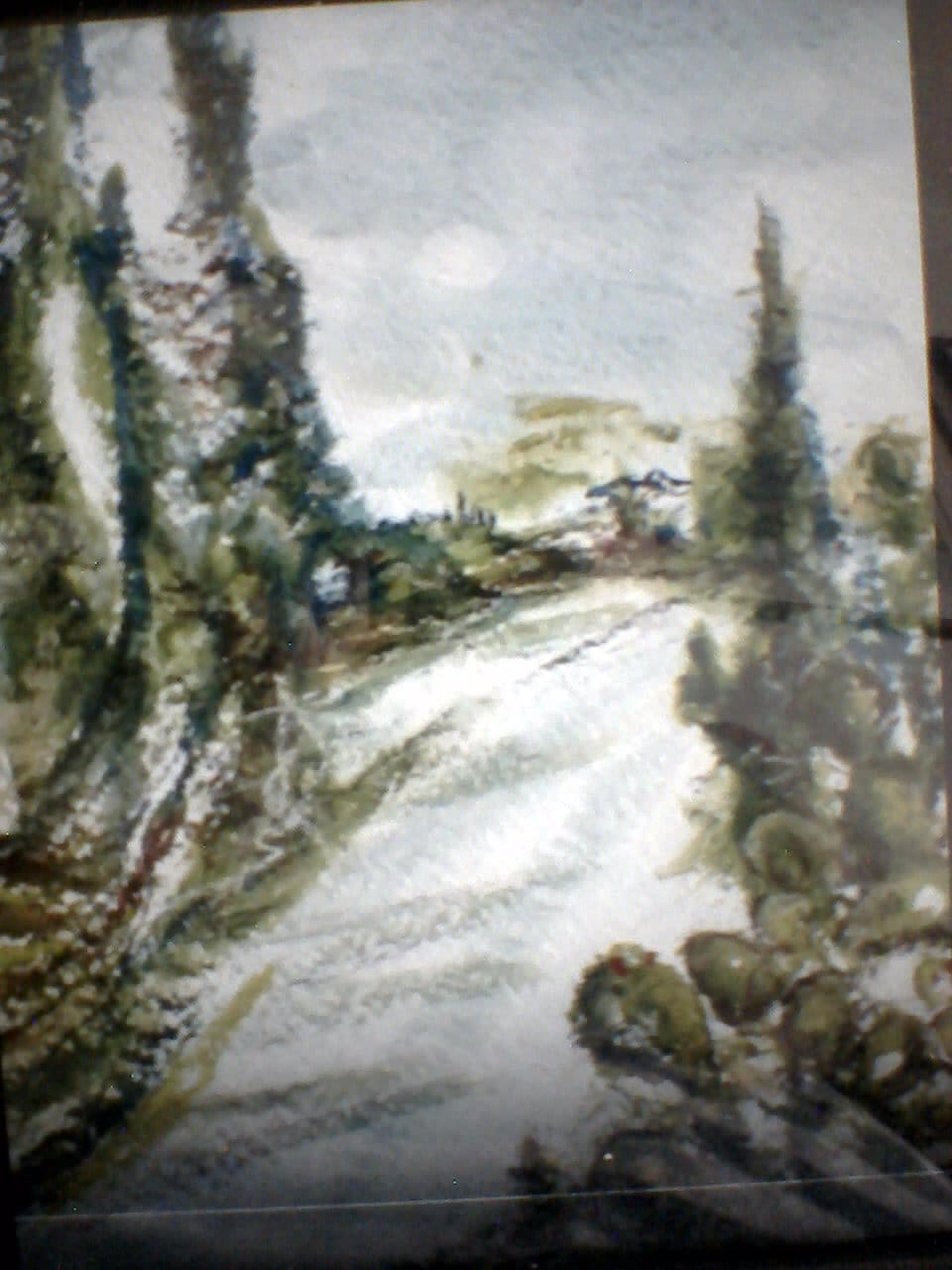 a painting of a road with trees in the background