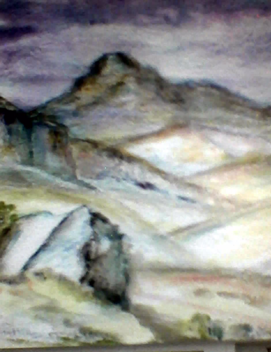 a painting of a mountain scene with a man on a horse