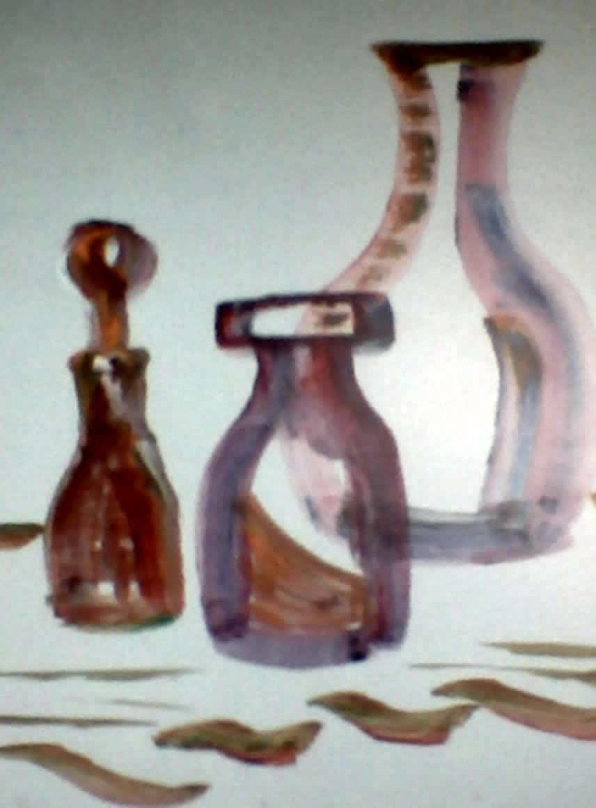 a painting of a vase and a bottle