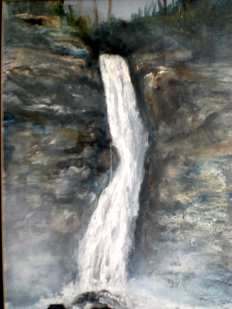 a painting of a waterfall in the middle of a river