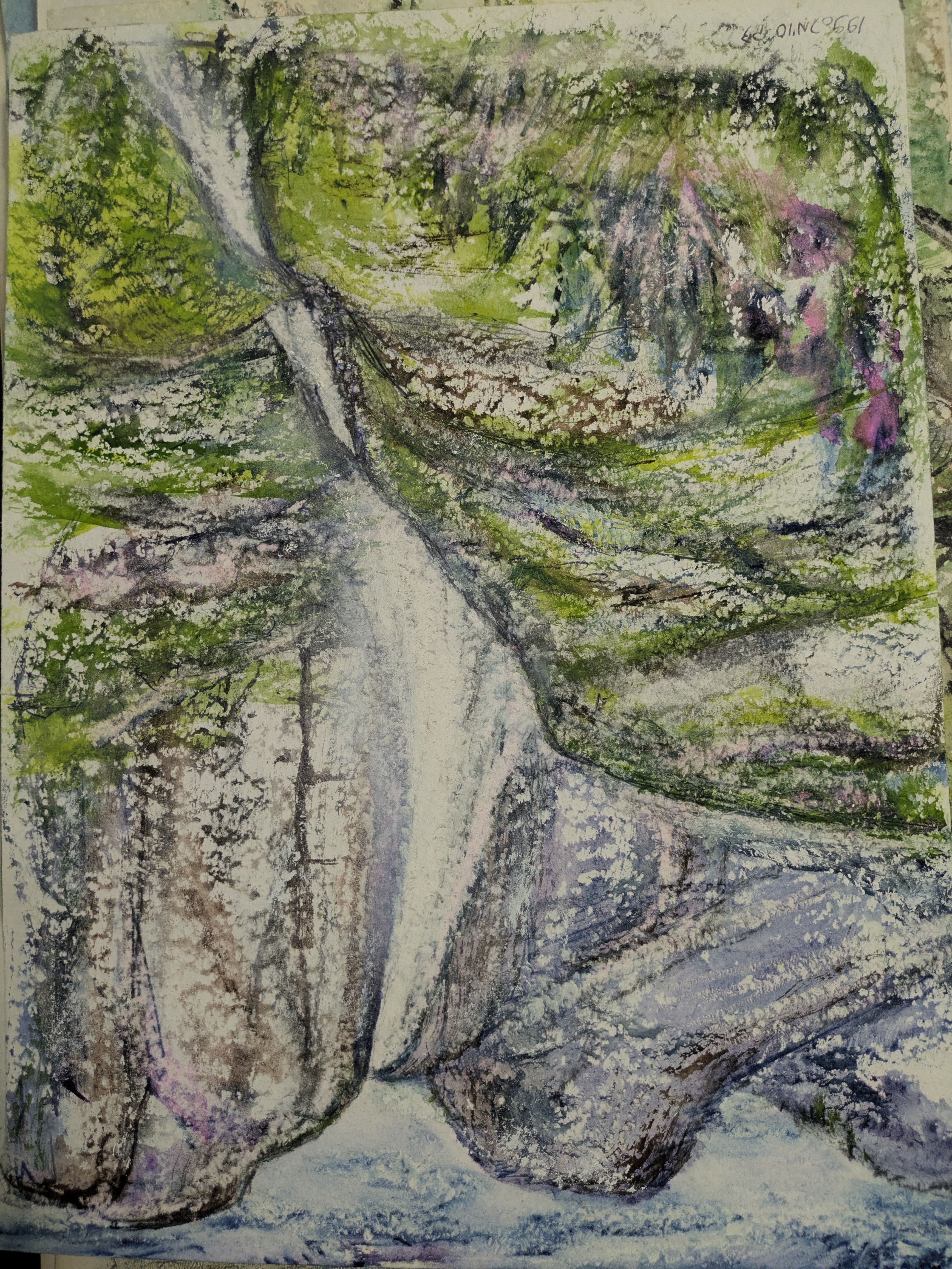 a painting of a woman sitting on a rock